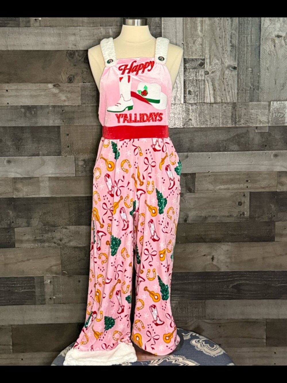 NWT! Happy Y'allidays pink velvet jumpsuit medium Christmas western cowgirl